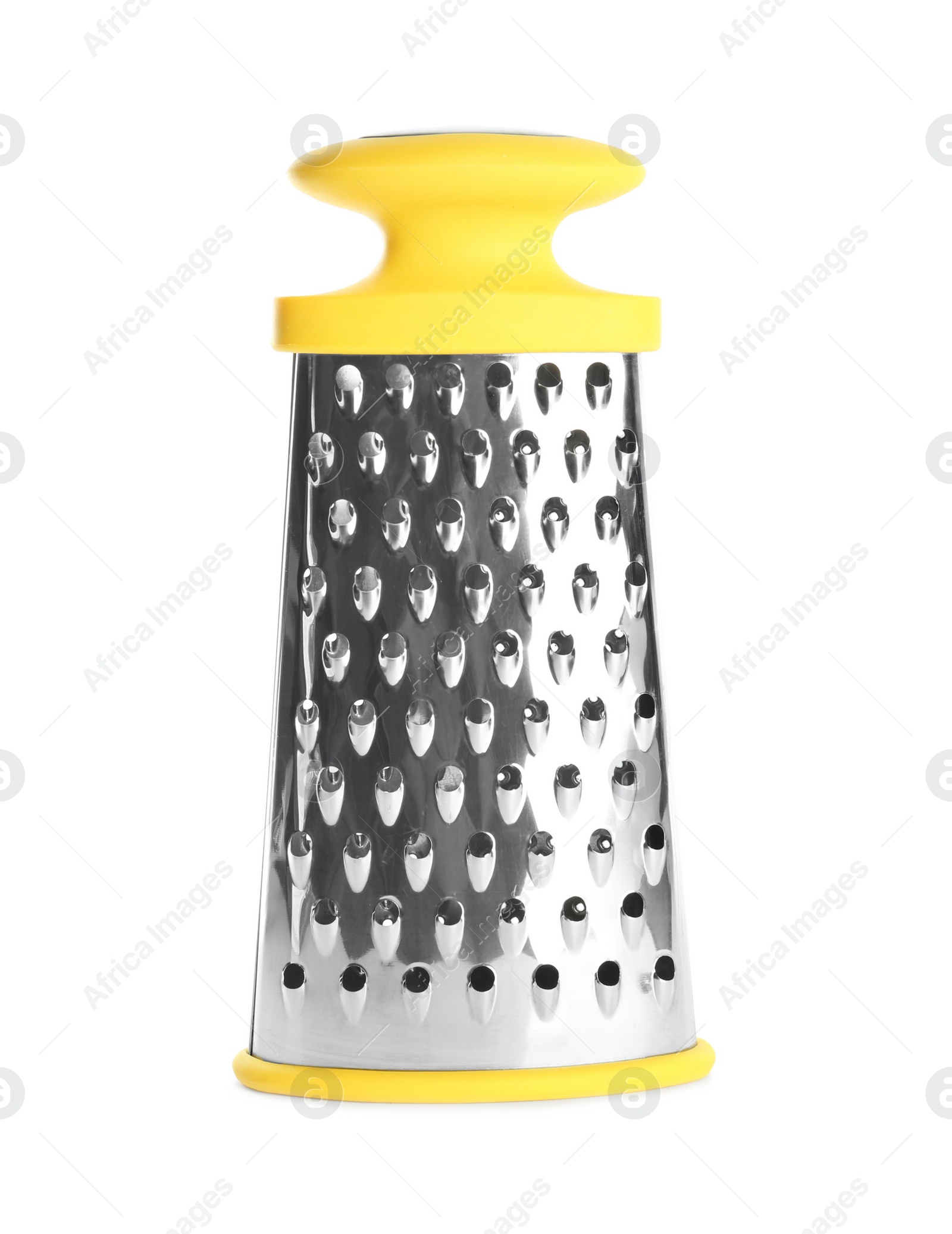 Photo of New clean grater with yellow handle isolated on white. Cooking utensil