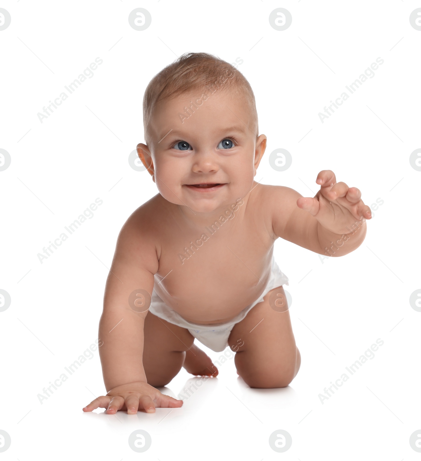 Photo of Cute little baby in diaper crawling on white background