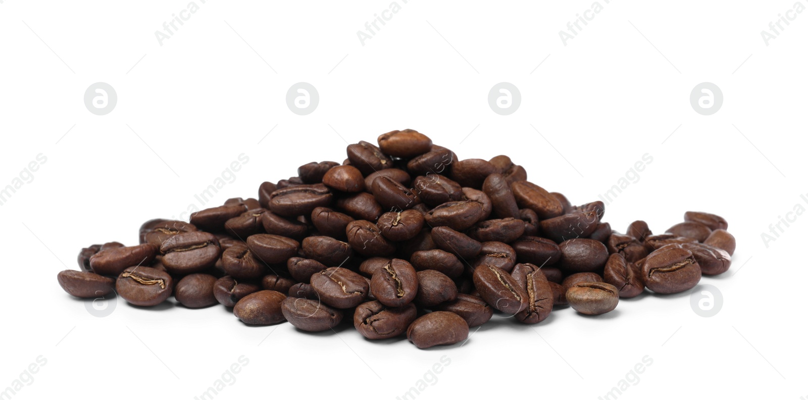 Photo of Pile of roasted coffee beans on white background