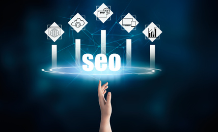 Image of Woman demonstrating directions of SEO, closeup. Icons of keyword research, customization and others