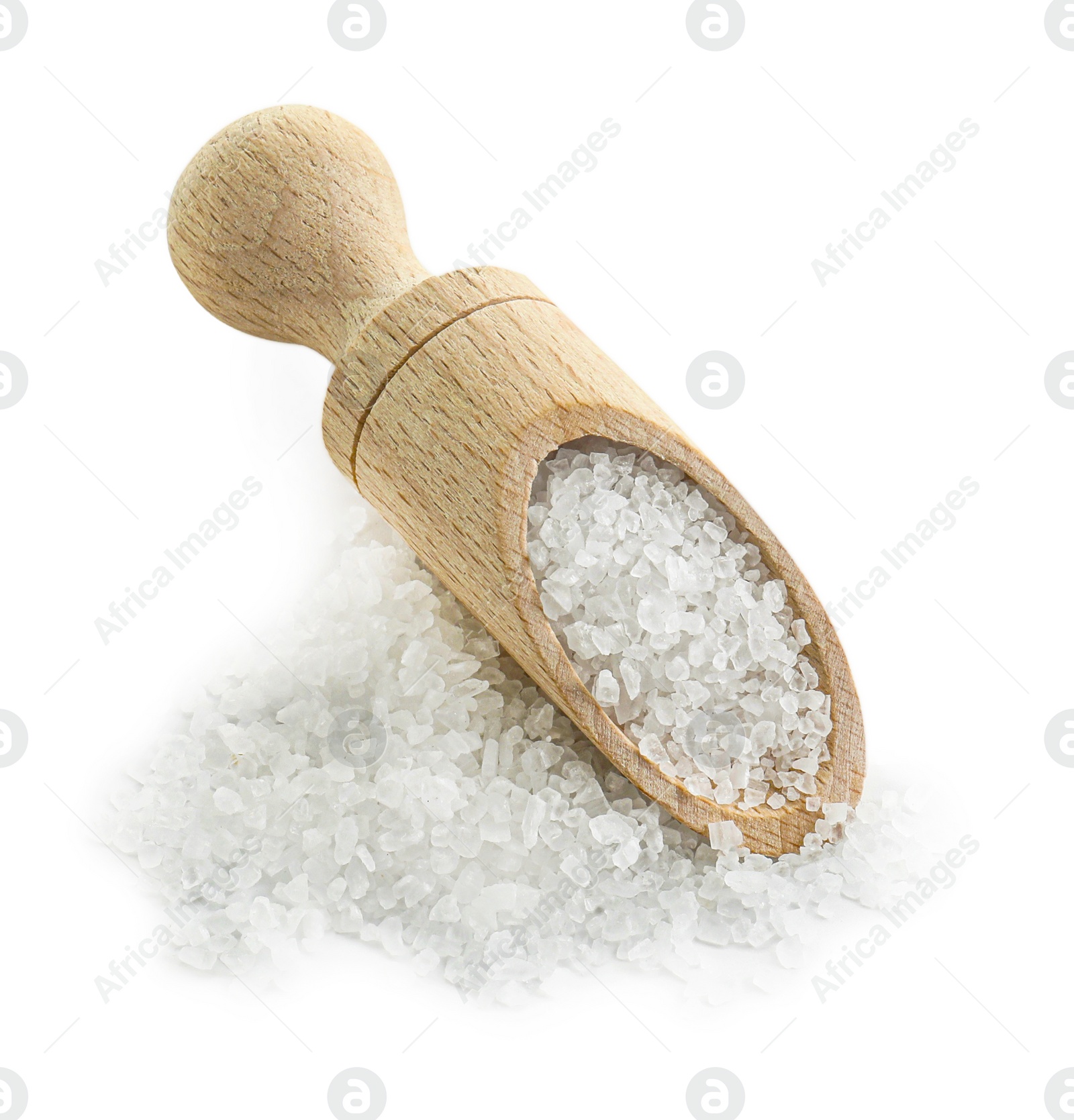 Photo of Heap of natural salt and wooden scoop isolated on white