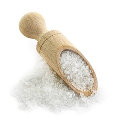 Photo of Heap of natural salt and wooden scoop isolated on white