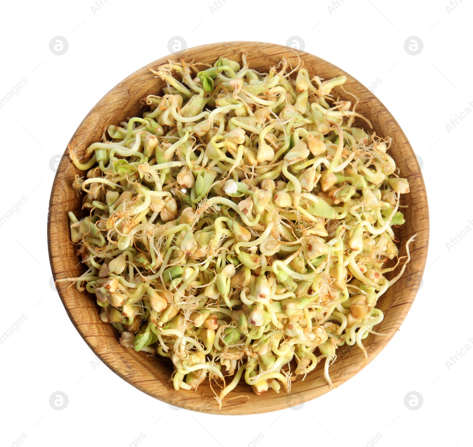 Photo of Wooden plate of sprouted green buckwheat isolated on white, top view