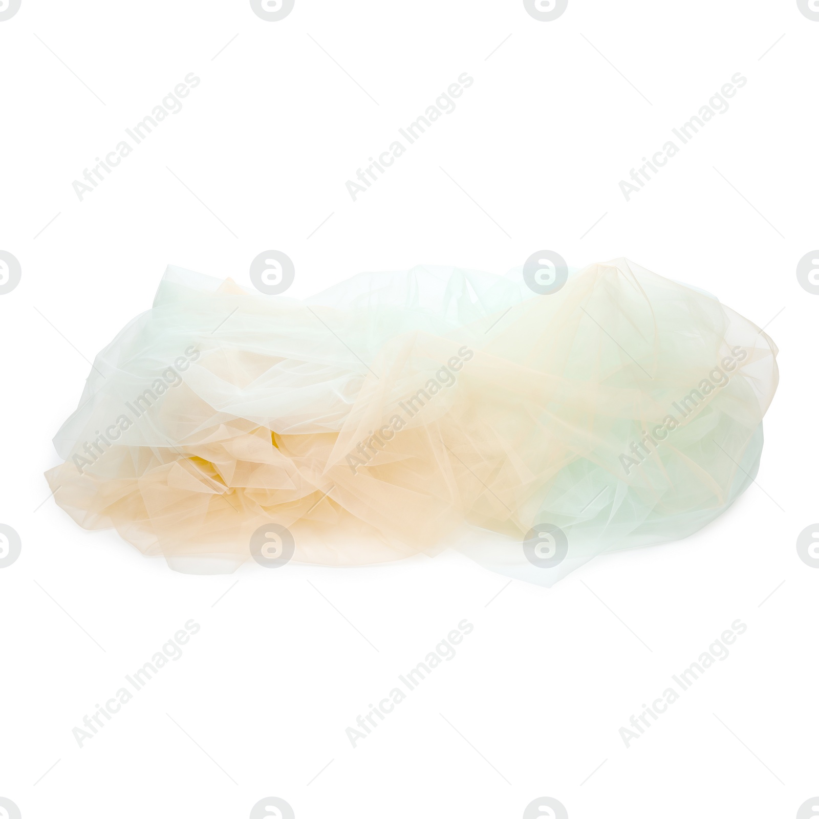 Photo of Beautiful colorful tulle fabrics on white background