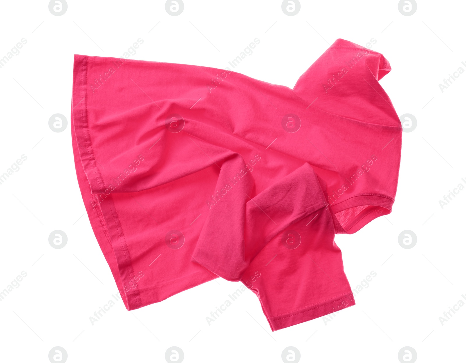 Photo of Rumpled pink t-shirt isolated on white. Messy clothes