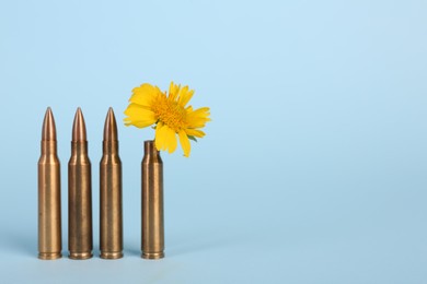 Photo of Bullets and beautiful yellow flower on light blue background, space for text