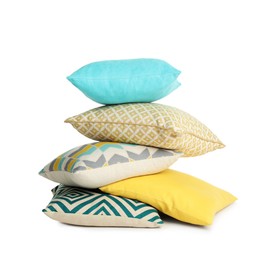 Different colorful decorative pillows on white background