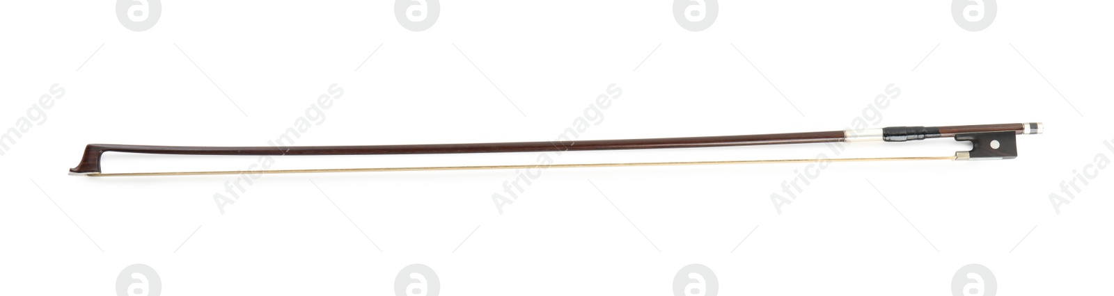 Photo of Classic violin bow isolated on white, top view. Musical instrument
