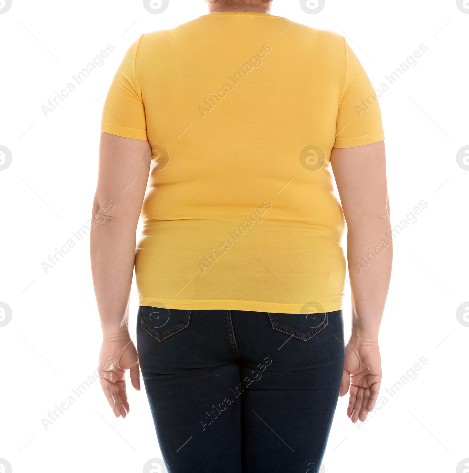 Photo of Overweight woman on white background, closeup. Weight loss