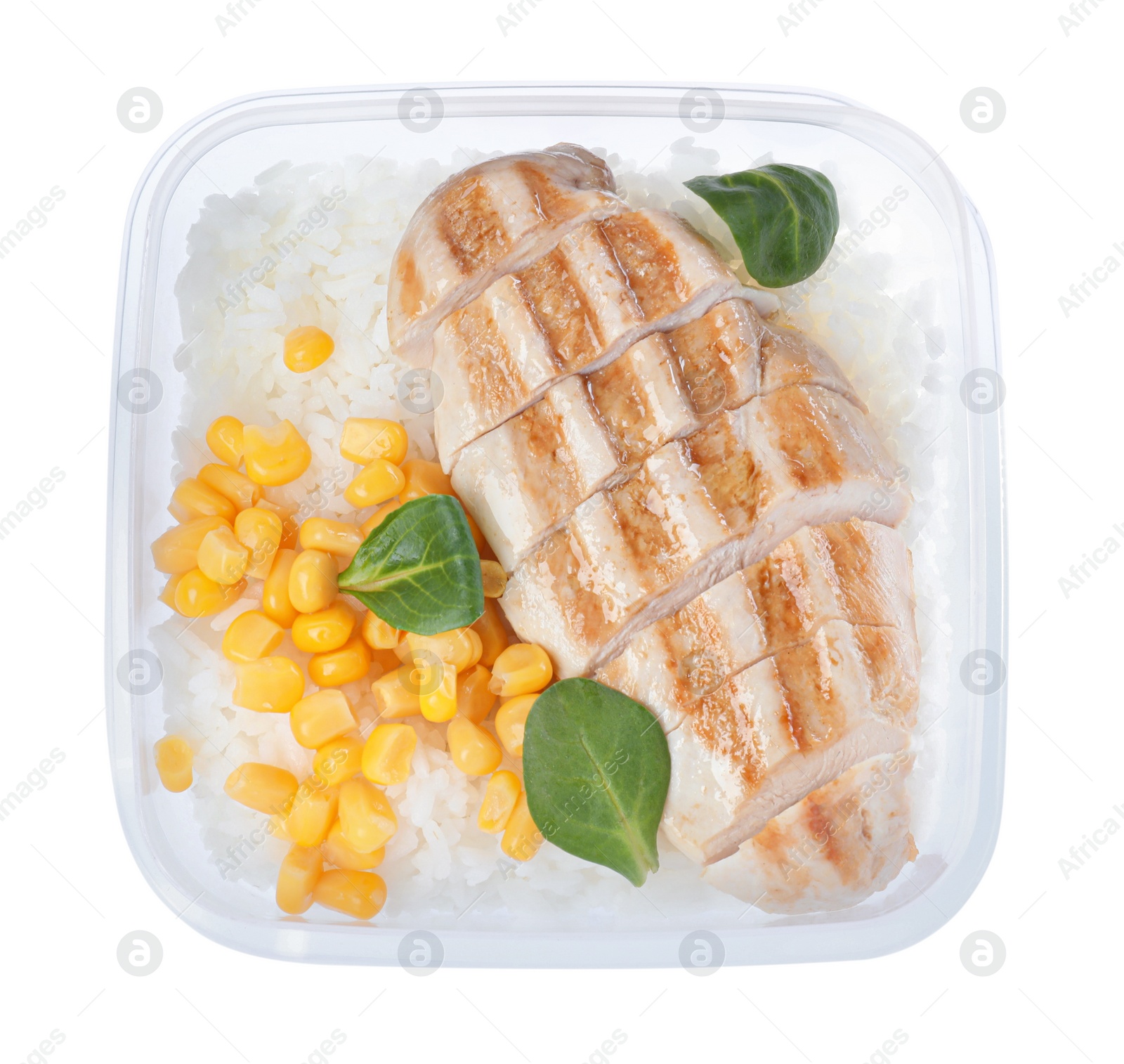 Photo of Tasty rice with grilled meat and corn in plastic container isolated on white, top view