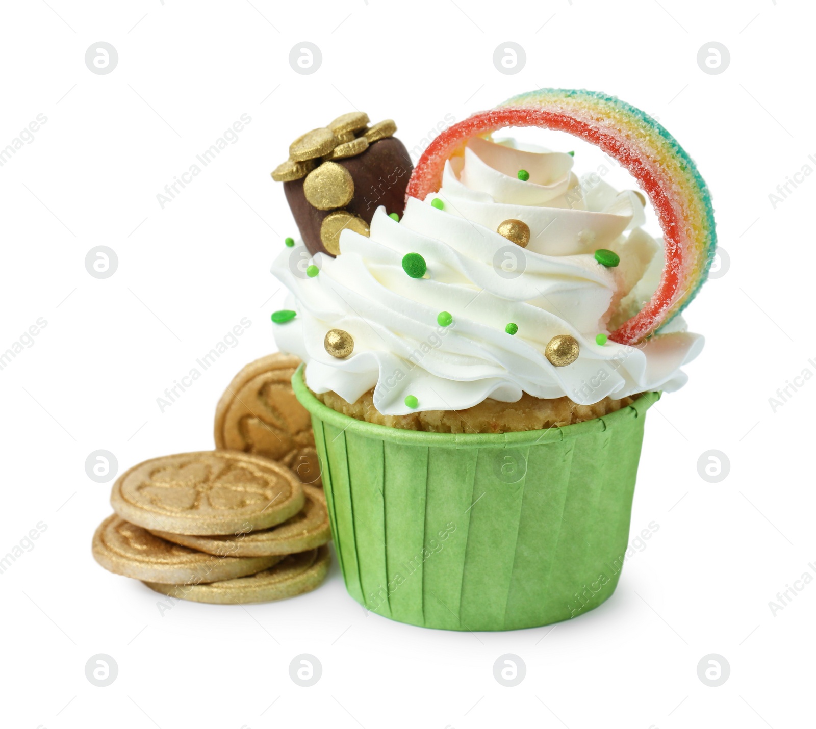 Photo of St. Patrick's day party. Tasty cupcake with sour rainbow belt and pot of gold toppers isolated on white