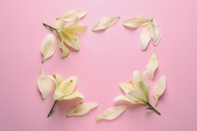 Photo of Beautiful lilies on pink background, flat lay. Space for text