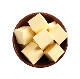 Bowl with butter cubes on white background, top view