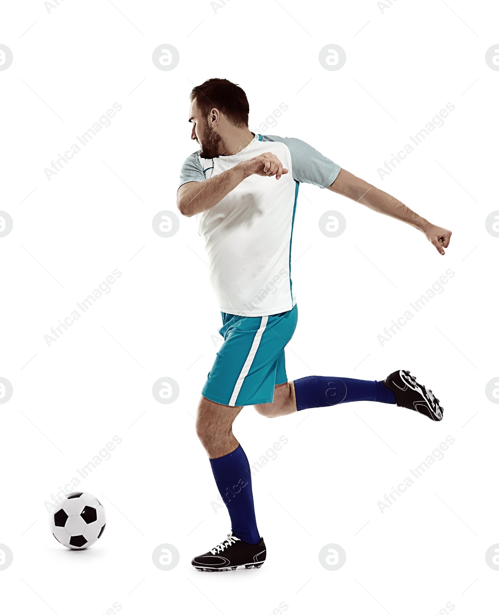 Image of Young man playing football on white background