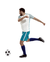 Image of Young man playing football on white background