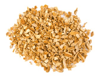 Photo of Pile of dried orange zest seasoning isolated on white, top view