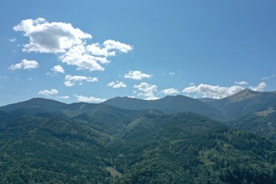 Photo of Beautiful mountain landscape with green trees under blue sky on sunny day. Drone photography