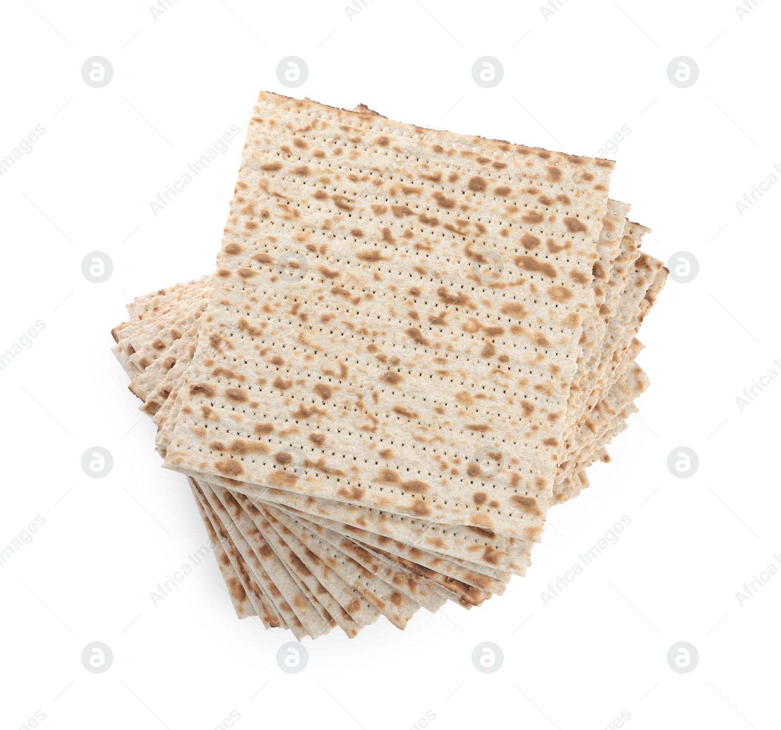 Photo of Passover matzos isolated on white, top view. Pesach celebration