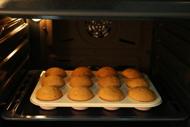 Photo of Baking pan with cupcakes in modern oven