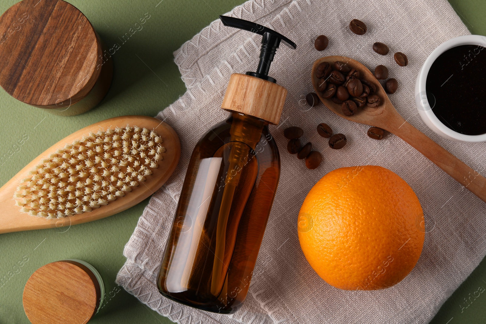 Photo of Flat lay composition with cosmetic products and fresh ingredients on olive background. Anti cellulite treatment