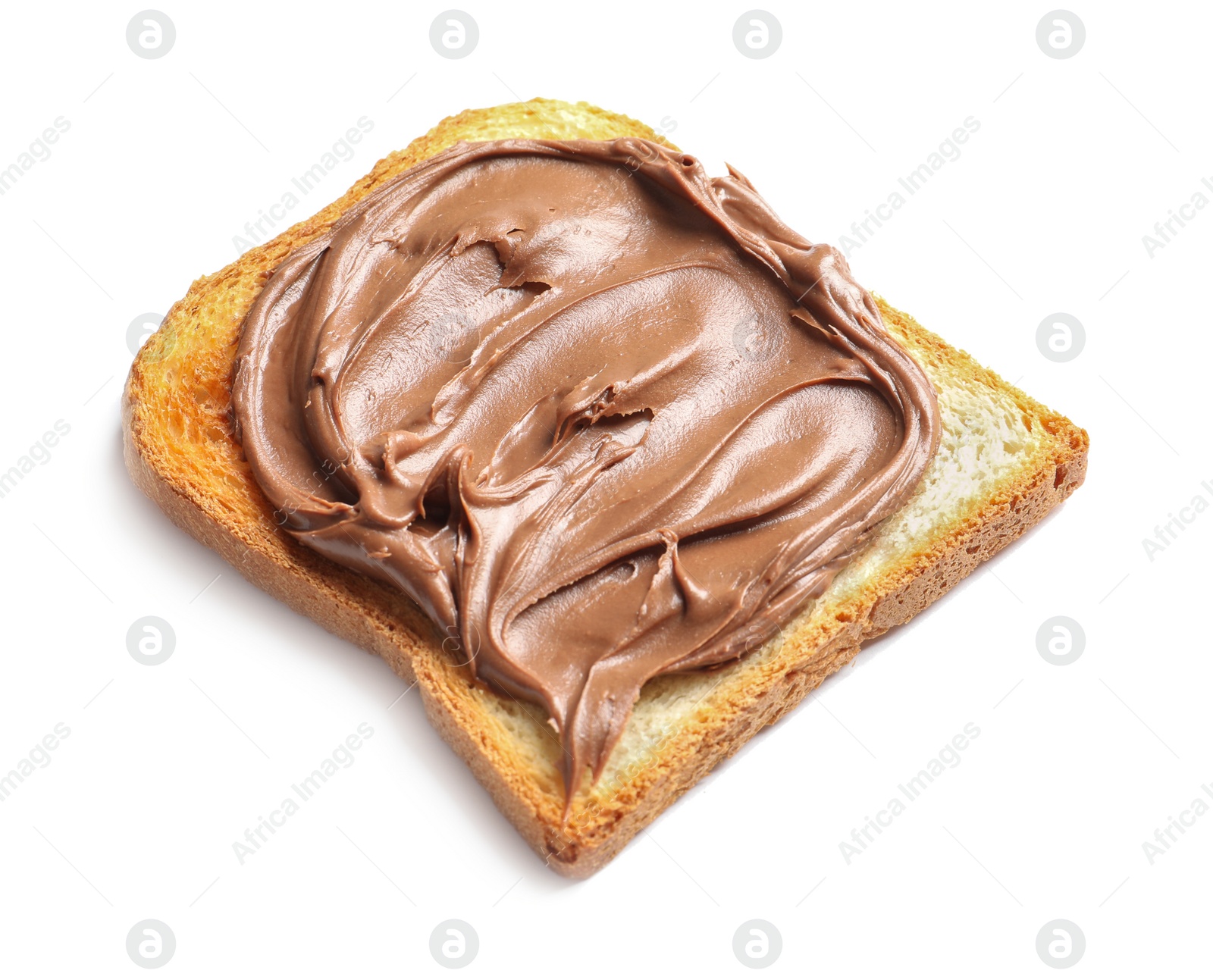 Photo of Toast bread with tasty chocolate spread on white background