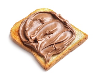 Photo of Toast bread with tasty chocolate spread on white background