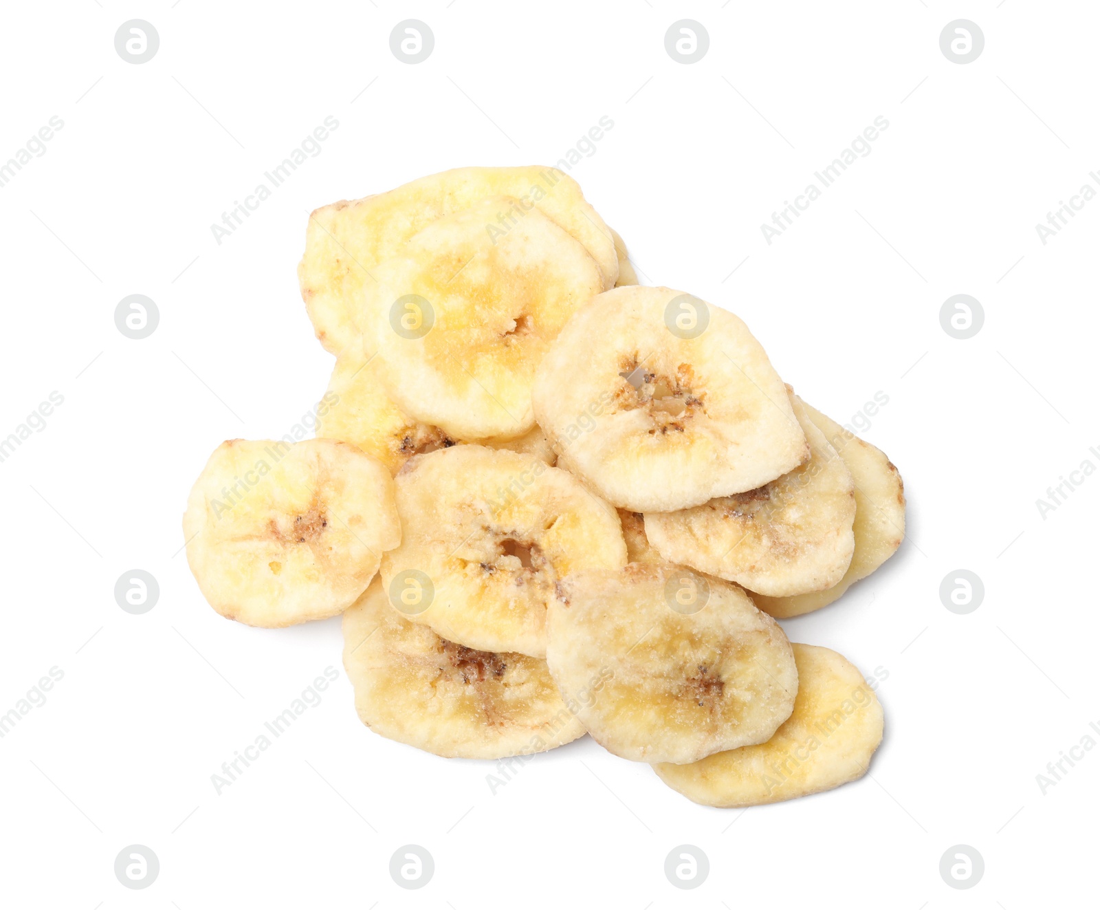 Photo of Heap of sweet banana slices on white background, top view. Dried fruit as healthy snack
