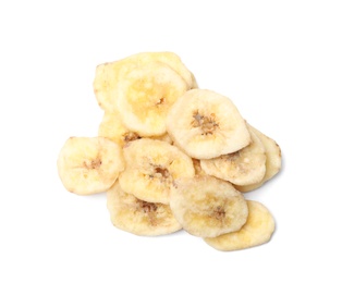 Heap of sweet banana slices on white background, top view. Dried fruit as healthy snack