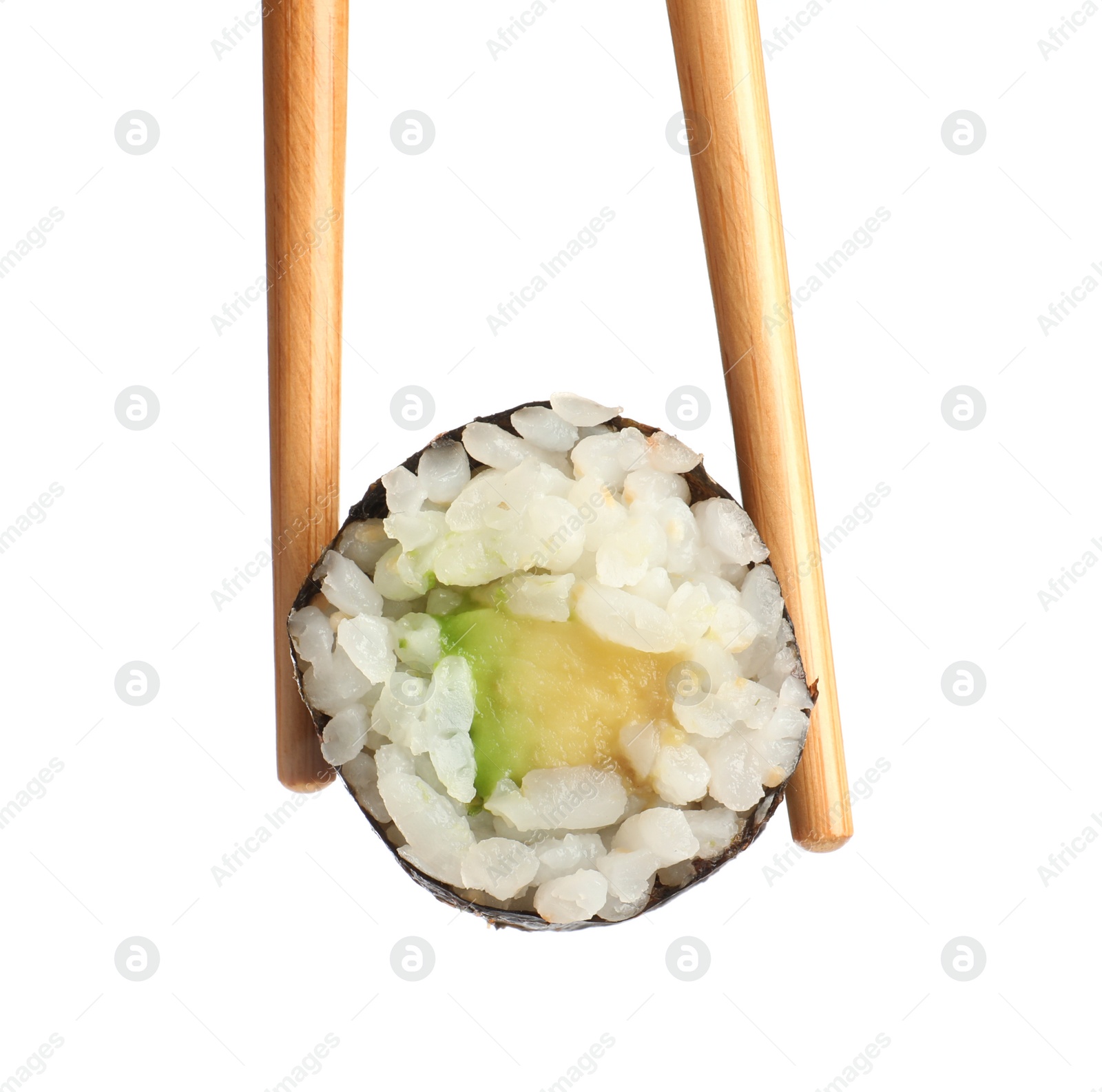 Photo of Chopsticks with tasty fresh sushi roll isolated on white