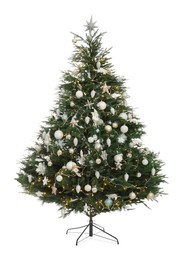 Photo of Christmas tree with beautiful decorations isolated on white