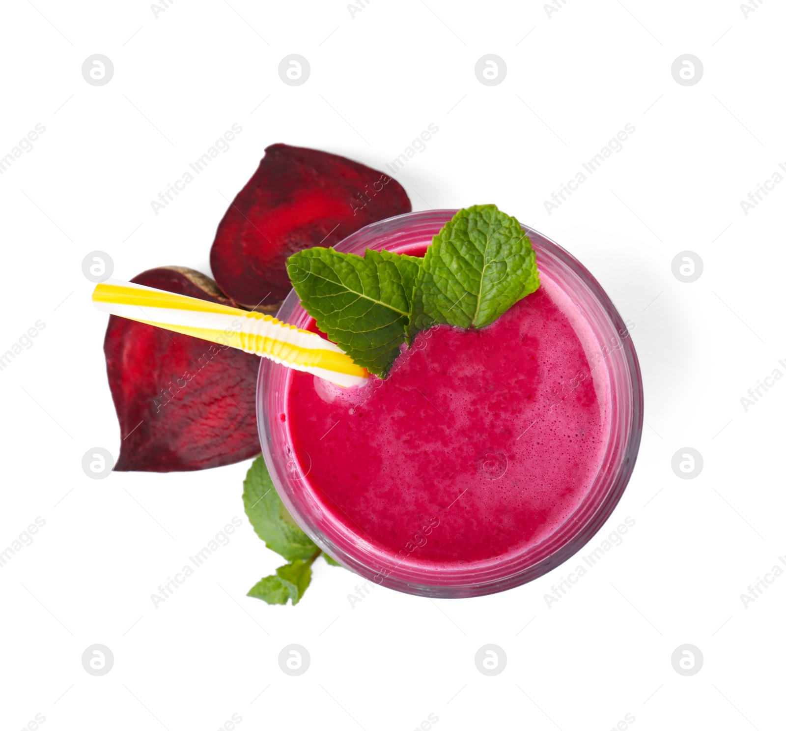 Photo of Glass with delicious detox smoothie on white background, top view