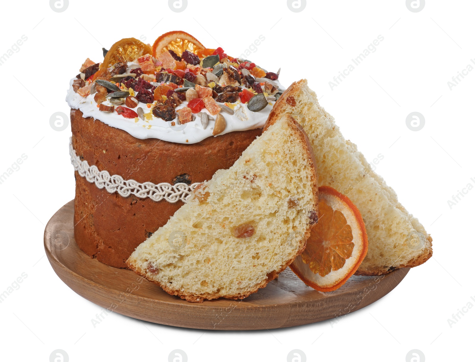 Photo of Traditional Easter cake with dried fruits on white background