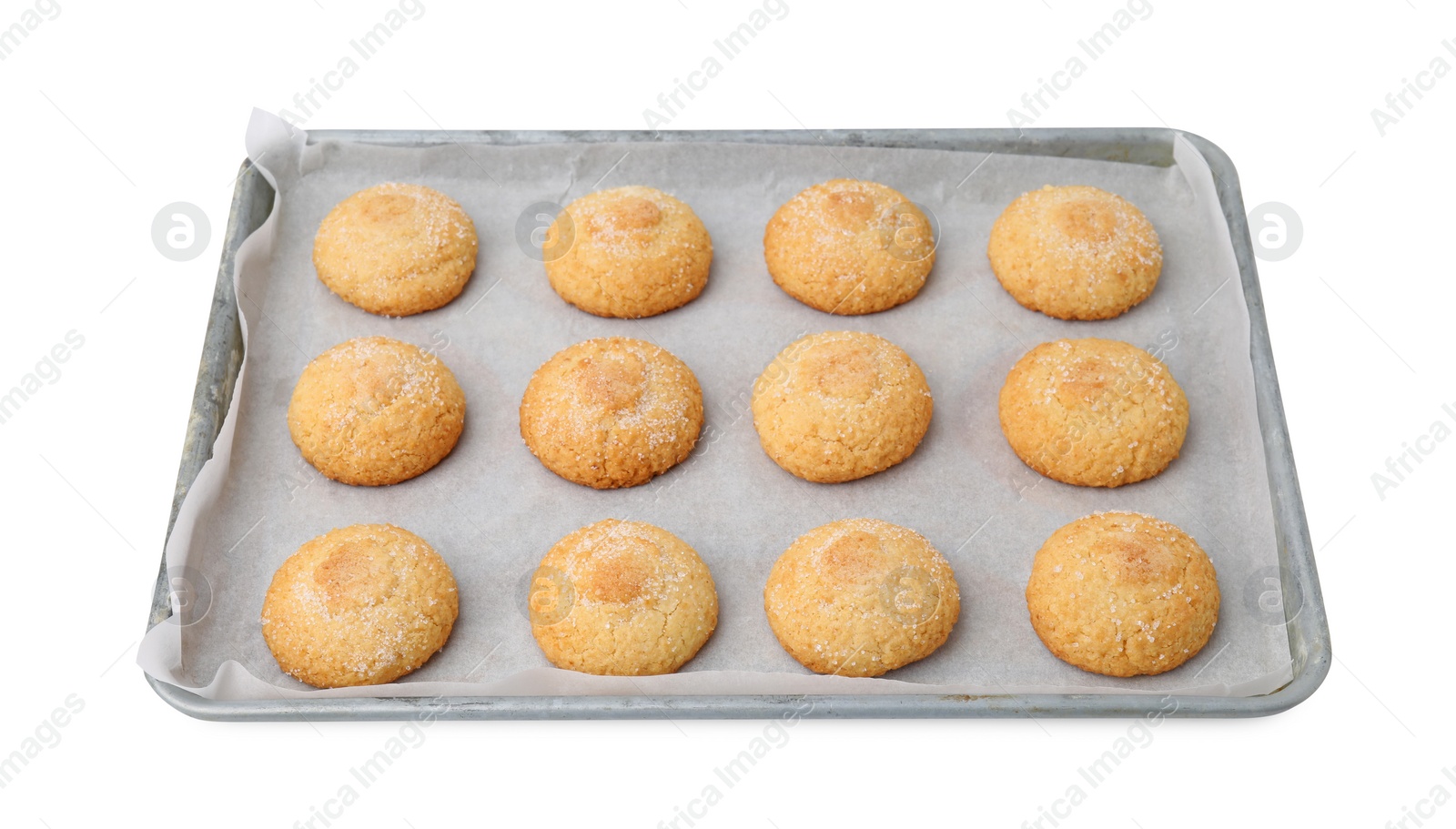 Photo of Tray with tasty sugar cookies isolated on white