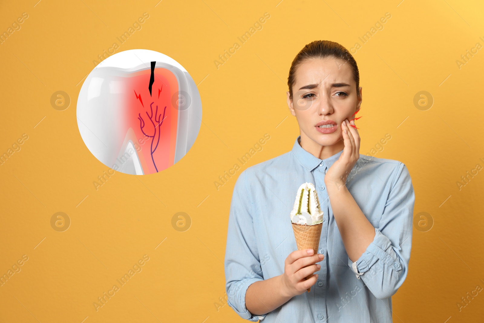 Image of Young woman with ice cream suffering from acute toothache on orange background