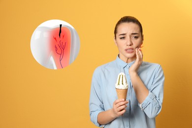 Image of Young woman with ice cream suffering from acute toothache on orange background