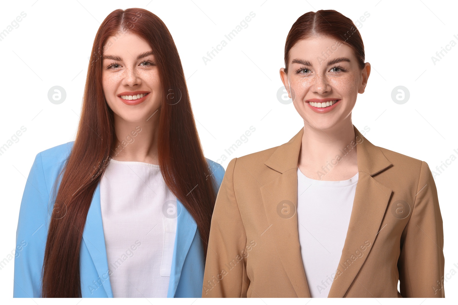 Image of Portrait of twin sisters on white background