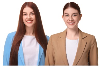 Portrait of twin sisters on white background