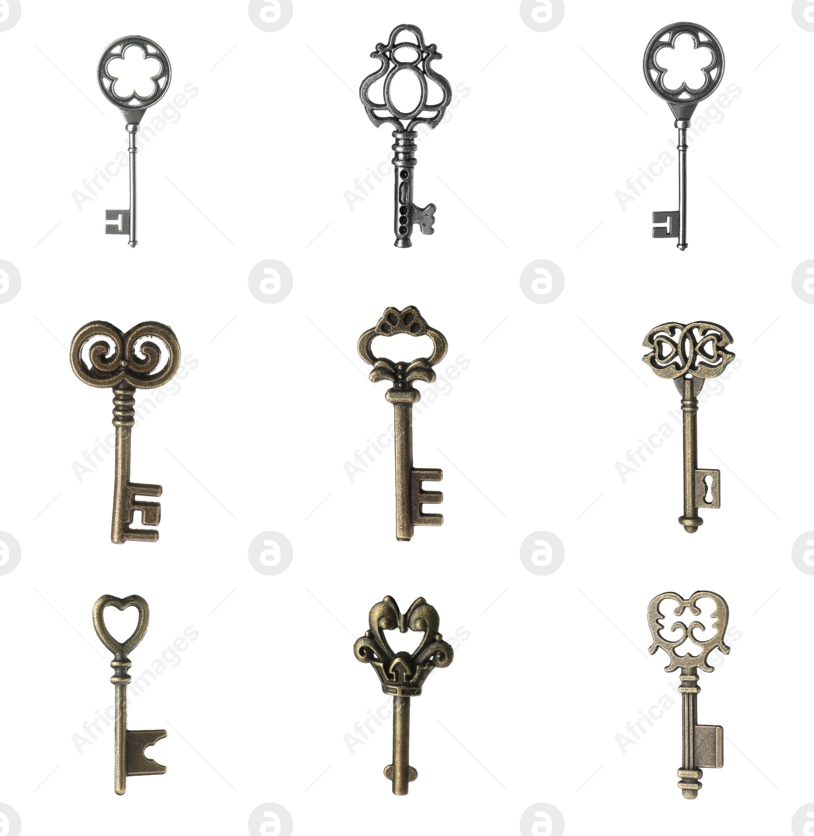 Image of Set of different ornate keys on white background