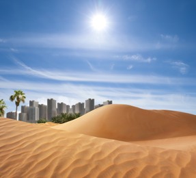 Image of Sandy desert and beautiful view of city on horizon 