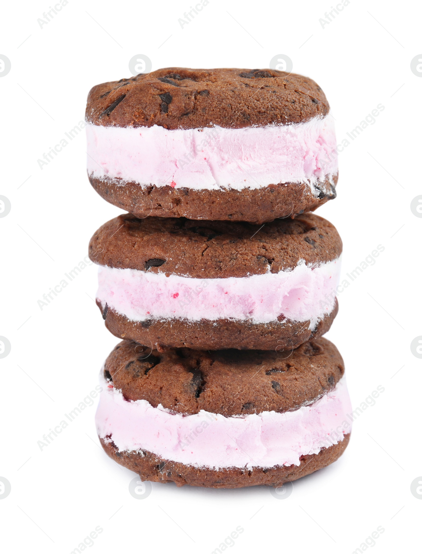 Photo of Sweet delicious ice cream cookie sandwiches on white background