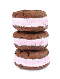 Photo of Sweet delicious ice cream cookie sandwiches on white background