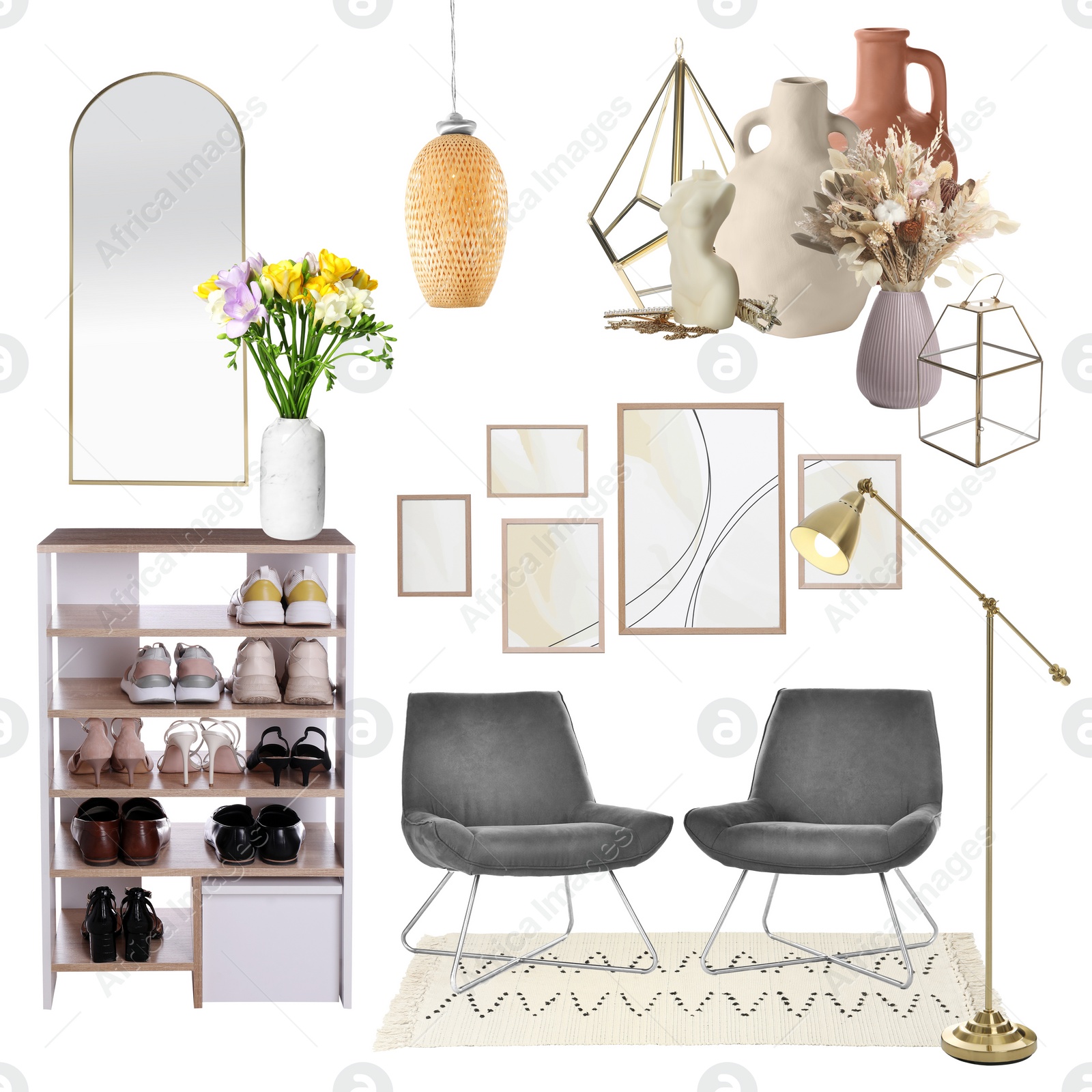 Image of Stylish hall interior with different decorative elements and furniture on white background. Mood board collage