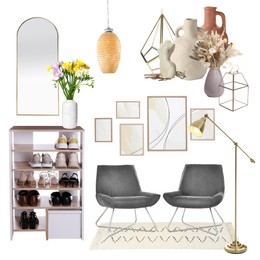 Image of Stylish hall interior with different decorative elements and furniture on white background. Mood board collage