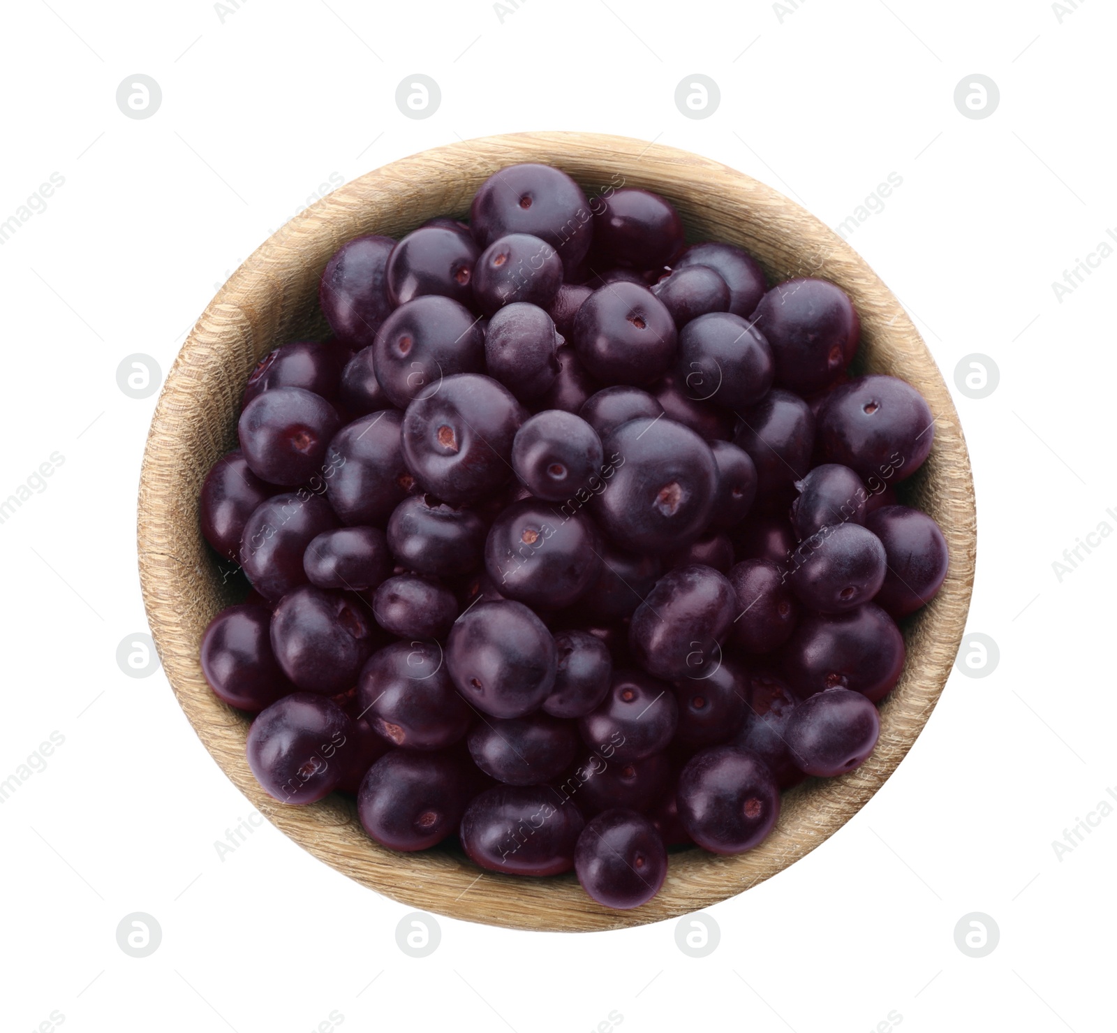 Photo of Fresh acai berries in bowl isolated on white, top view