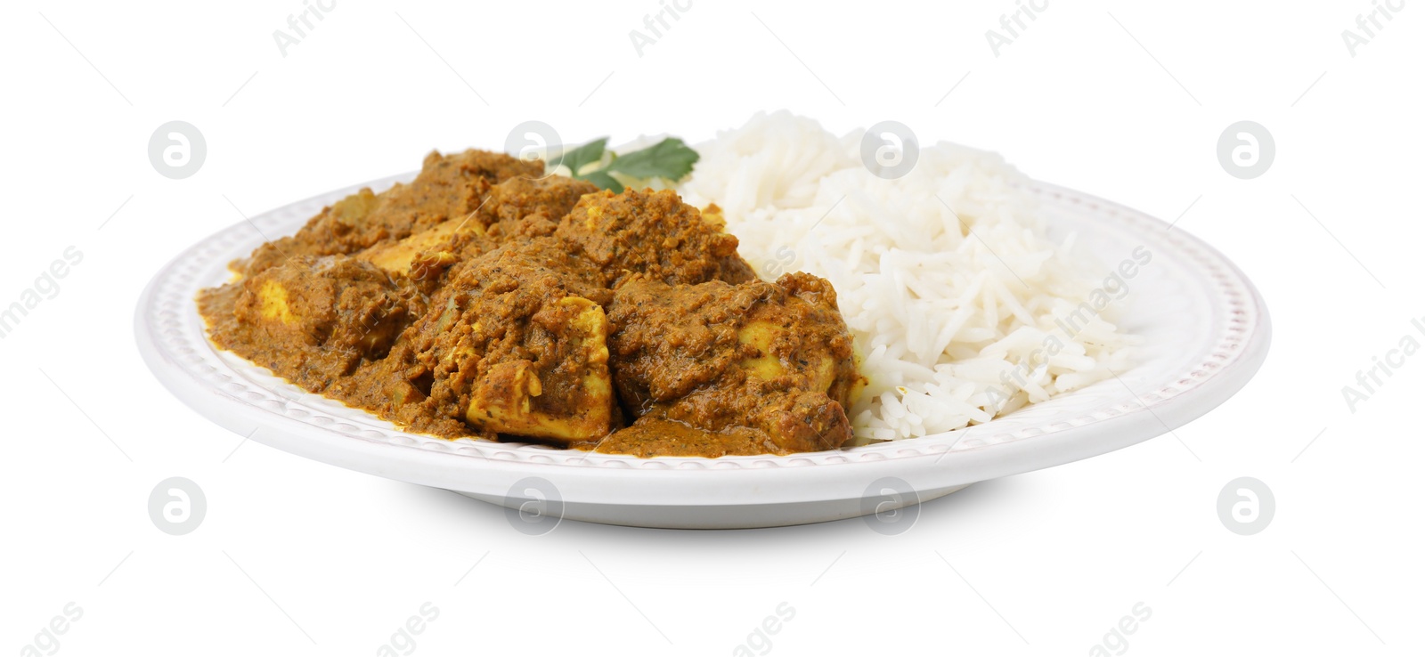 Photo of Delicious chicken curry with rice isolated on white