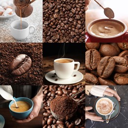 Beautiful collage with different photos of aromatic coffee and beans