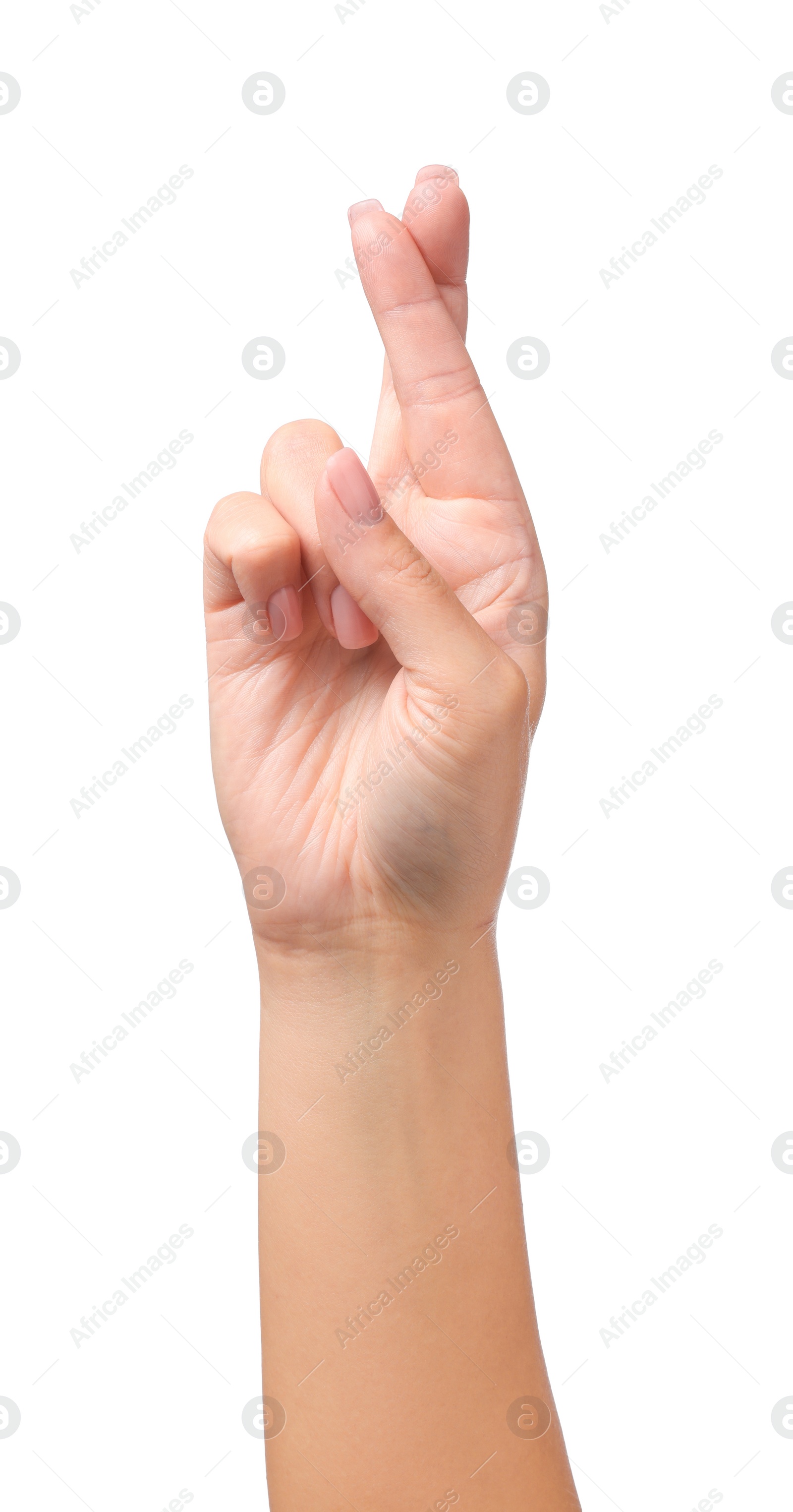 Photo of Woman crossing her fingers on white background