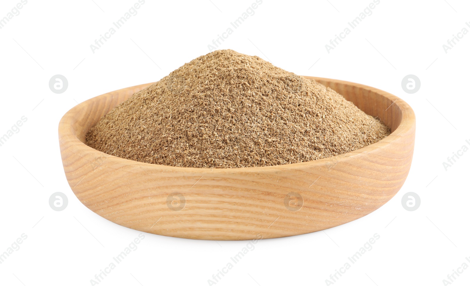 Photo of Wooden bowl with powdered coriander on white background