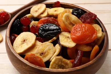 Photo of Mix of delicious dried fruits on white wooden table, closeup