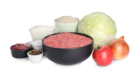 Photo of Set of ingredients for stuffed cabbage rolls on white background